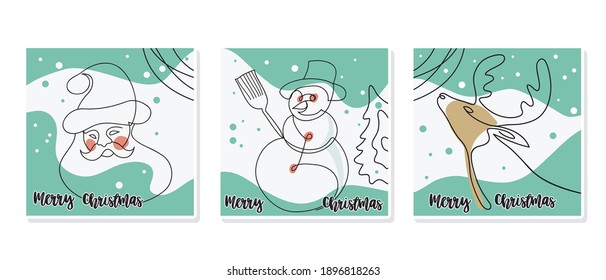 Continuous line drawing abstract Santa Claus, snowman and reindeer. Set of Christmas cards Modern one line illustration, aesthetic contour - vector illustration
