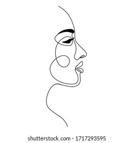 Continuous line drawing abstract woman face. Modern one line art, female portrait, aesthetic contour. Great for poster, wall art, tote bag, t-shirt print, sticker, logo. Vector illustration