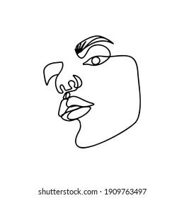 Continuous line drawing. Abstract woman portrait. One line face art vector illustration. Female linear contour isolated on white. Minimal outline silhouette.