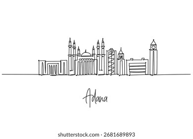 Um desenho de linha contínua do horizonte de Adana mostrando a Mesquita Sabancı e marcos urbanos. Conceito minimalista de paisagem urbana capturando a cultura turca e a silhueta do horizonte em forma de arte.