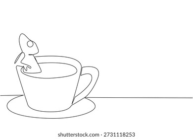 Desenho de linha contínua de camaleão bonito adorável retrata pequeno animal embebido em xícara de café quente para o conceito de floresta da natureza. Ilustração simples se encaixa tema de dia de café internacional para o amante de répteis