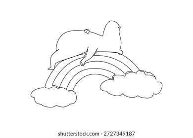 Dibujo de línea continua de adorable hipopótamo durmiendo en posición supina en el arco iris. Obra de arte única presenta el mamífero de la vida silvestre descansando sobre nubes mullidas suaves, ideal para el diseño lindo de la etiqueta engomada de los niños