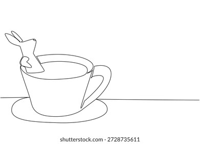Continuous line drawing adorable rabbit shows cute animal soaking in coffee cup for nature concept. Unique design features the bunny for an international coffee day theme in minimalist