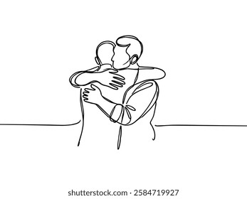 continuous line drawing of adult man hugging father.one line drawing of mature man missing father figure.single line vector illustration of father's day.isolated white background