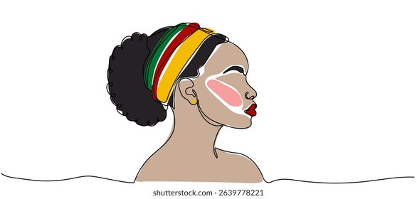 Continuous line drawing of an African American woman on a white background. Woman with cultural headwrap applying face mask while relaxing in water during a serene moment