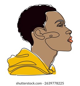 Continuous line drawing of an African American man on a white background. Stylized profile of a young person in a yellow hoodie showcasing creativity and individuality through simple line art