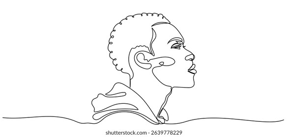 Continuous line drawing of an African American man on a white background. Line art portrait of a young man emerging from water during a contemplation moment in a serene setting