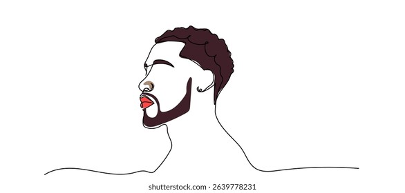 Continuous line drawing of an African American man on a white background. Profile illustration of a man with stylish beard and textured hair showcasing modern artistic design