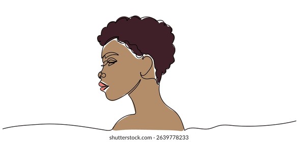 Continuous line drawing of an African American woman on a white background. Stylish portrait of a woman with natural hair emerging from water, showcasing elegance and beauty