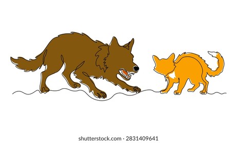 Continuous line drawing of an aggressive dog facing a defensive cat with arched back, minimalist animal confrontation illustration, enmity and conflict concept