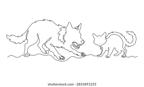 Continuous line drawing of an aggressive dog facing a defensive cat with arched back, minimalist animal confrontation illustration, enmity and conflict concept
