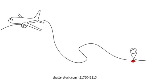 Continuous line drawing of aircraft flight routes and airport destinations. airplane line path icon of airplane flight route with starting point location and single line trail in doodle style.