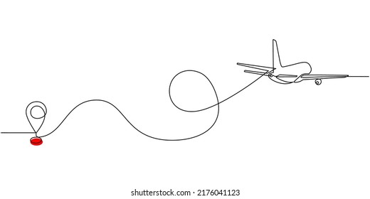 Continuous line drawing aircraft flight routes   airport destinations  airplane line path icon airplane flight route and starting point location   single line trail in doodle style 