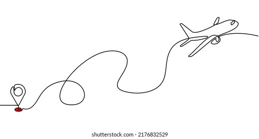 Continuous line drawing of aircraft flight routes and airport destinations. airplane line path icon of airplane flight route with starting point location and single line trail in doodle style.