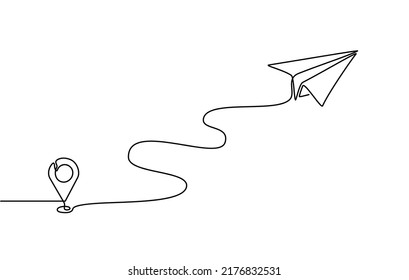 Continuous line drawing of aircraft flight routes and airport destinations. paper airplane icon and airplane destination line path of airplane flight route with starting point location in doodle style