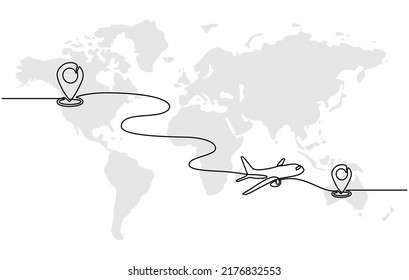 Continuous line drawing of aircraft flight routes and airport destinations. airplane line path icon of airplane flight route with starting point location and single line trail in doodle style.