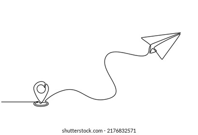 Continuous line drawing of aircraft flight routes and airport destinations. paper airplane icon and airplane destination line path of airplane flight route with starting point location in doodle style