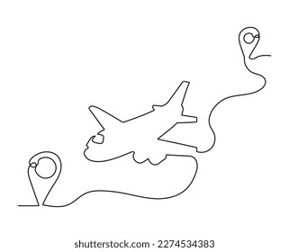 Continuous line drawing of aircraft flight routes and airport destinations. airplane line path icon of airplane flight route with starting point location and single line trail in doodle style.