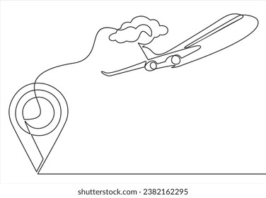 Continuous line drawing of aircraft flight routes and airport destinations. paper airplane icon and airplane destination line path of airplane flight route with starting point location in doodle style