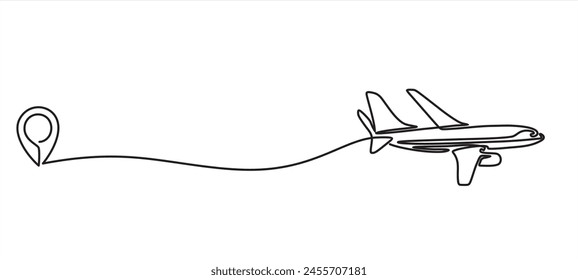 Continuous line drawing of aircraft flight routes and airport destinations. airplane line path icon of airplane flight route with starting point location and single line trail in doodle style.