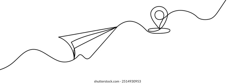 Desenho de linha contínuo das rotas de voo da aeronave e dos destinos do aeroporto. ícone de avião em papel e caminho de linha de destino do avião da rota de voo da aeronave com a localização do ponto de partida em estilo doodle
