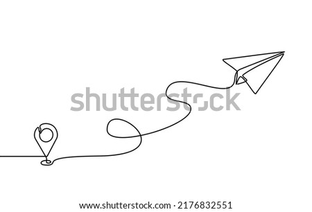 Continuous line drawing of aircraft flight routes and airport destinations. paper airplane icon and airplane destination line path of airplane flight route with starting point location in doodle style
