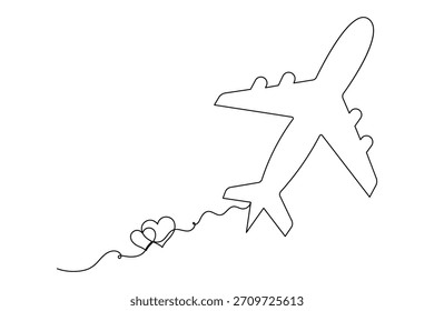 Desenho de linha contínua de aeronaves com amor caminho de fumaça do coração