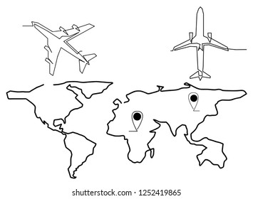 continuous line drawing of  Aircraft Transportation by Air Line
Travel concept Airplane flying trace in a world map.