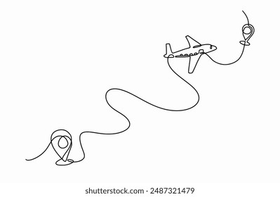 Dibujo continuo de la línea del avión, trayectoria de la línea de destino de la ruta de vuelo del avión con ubicación del punto de partida, trayectoria con clavijas de ubicación. Distancia de un punto a otro en estilo doodle aislado o