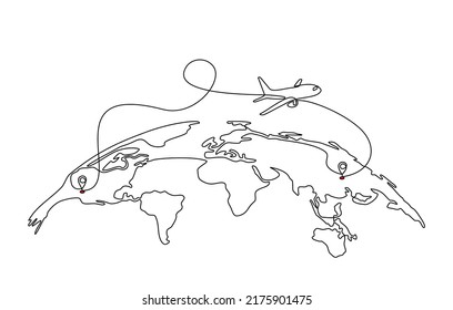 Continuous line drawing airplane flight route   airport destination location  airplane path icon airplane flight route and starting point location   world map in doodle style