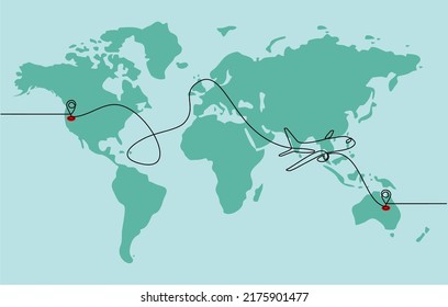 Continuous line drawing of airplane flight route and airport destination location. airplane path icon of airplane flight route with starting point location and world map in doodle style