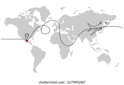 Dibujo continuo de la ruta de vuelo del avión y la ubicación de destino del aeropuerto. icono de trayectoria de avión de ruta de vuelo de avión con ubicación de punto de partida y mapa mundial en estilo doodle