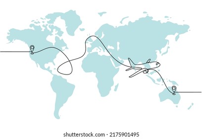 Continuous Line Drawing Of Airplane Flight Route And Airport Destination Location. Airplane Path Icon Of Airplane Flight Route With Starting Point Location And World Map In Doodle Style