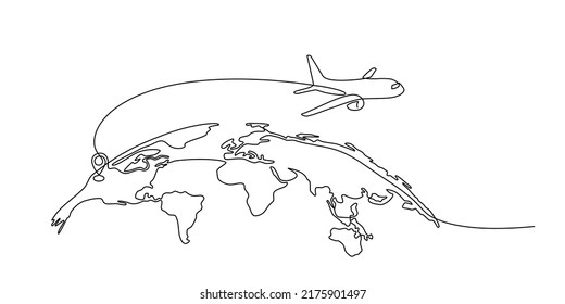 Continuous line drawing of airplane flight route and airport destination location. airplane path icon of airplane flight route with starting point location and world map in doodle style