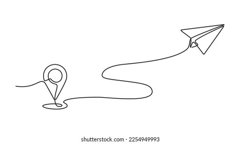 Continuous line drawing of airplane flight route and airport destination. paper airplane icons and path and location directions. location pins and paper airplane in single line doodle style.