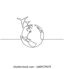 Continuous line drawing of airplane flying around the world. Business and tourism, airplane travel concept. Vector sketch illustration for print, web, mobile and infographics on white background.