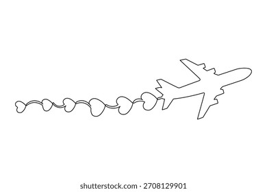 Continuous line drawing of airplane flying with heart trail