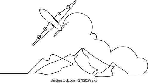 Continuous line drawing of an airplane flying over mountains a minimalist travel concept