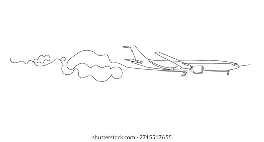 Continuous line drawing of an airplane flying in the sky with clouds symbolizing freedom travel and exploration. Single line illustration suitable for aviation tourism and journey themes.