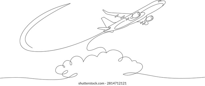 Continuous line drawing of airplane flying in sky above cloud, commercial passenger aircraft takeoff travel and aviation concept vector graphic design