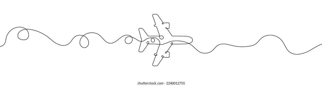 Continuous line drawing of airplane icon. Aircraft linear icon. One line drawing background. Vector illustration. Airplane continuous line icon