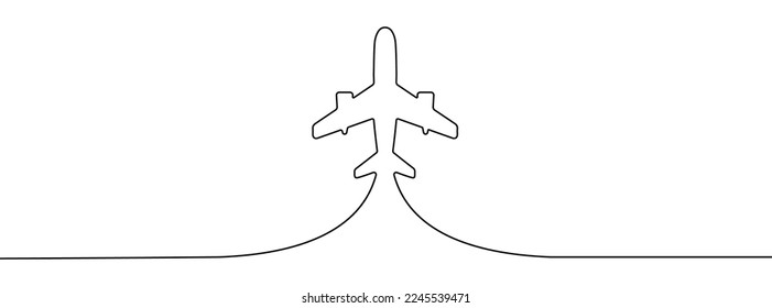 Continuous line drawing of airplane icon. Aircraft linear icon. One line drawing background. Vector illustration. Airplane continuous line icon
