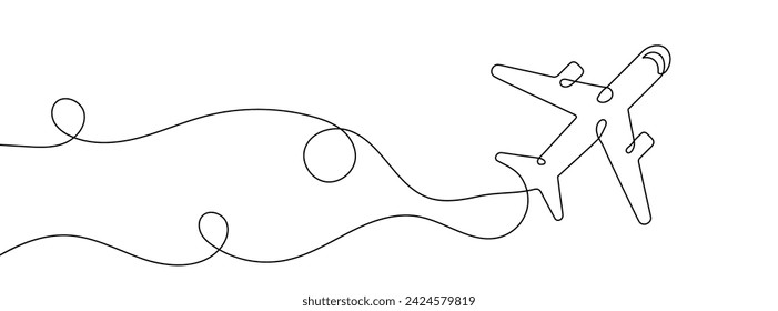 Continuous line drawing of an airplane. One line drawing background. Vector illustration. Single line airplane icon.