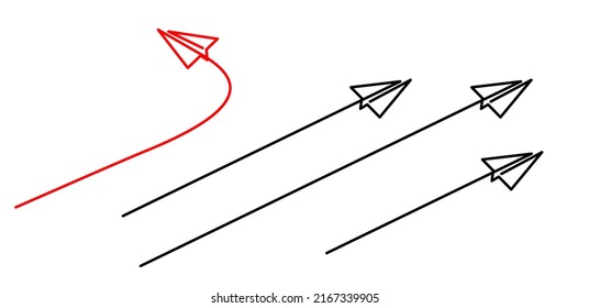 continuous line drawing of airplane paper flying different direction vector illustration. Think differently concept