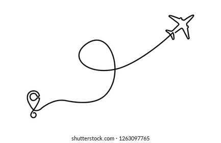 Continuous line drawing of Airplane line path vector icon of air plane flight route with start point and dash line trace - Vector illustration.