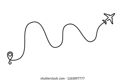 Continuous line drawing of Airplane line path vector icon of air plane flight route with start point and dash line trace - Vector illustration.