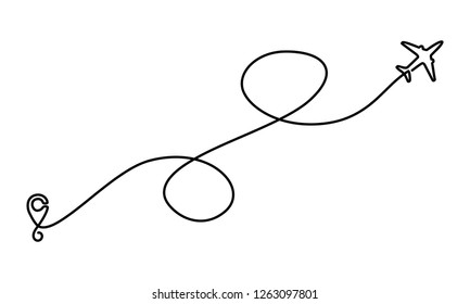 Continuous line drawing of Airplane line path vector icon of air plane flight route with start point and dash line trace - Vector illustration.