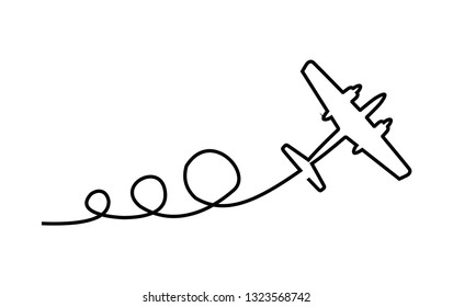 Continuous line drawing of Airplane line path vector icon of air plane flight route with start point  - Vector illustration. - Vector 
