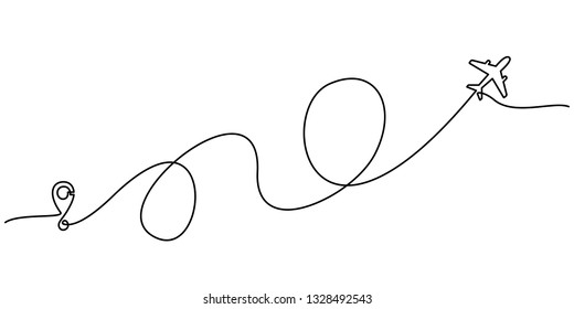 Continuous line drawing of Airplane line path vector icon of air plane flight route with start point and trace of one line - Vector illustration. - Vector