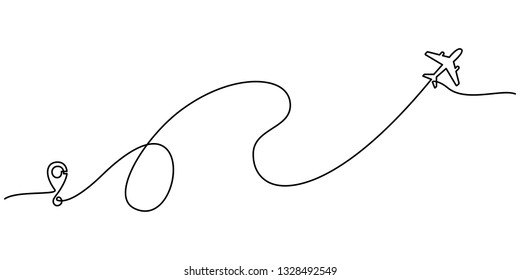 Continuous line drawing of Airplane line path vector icon of air plane flight route with start point and trace of one line - Vector illustration. - Vector